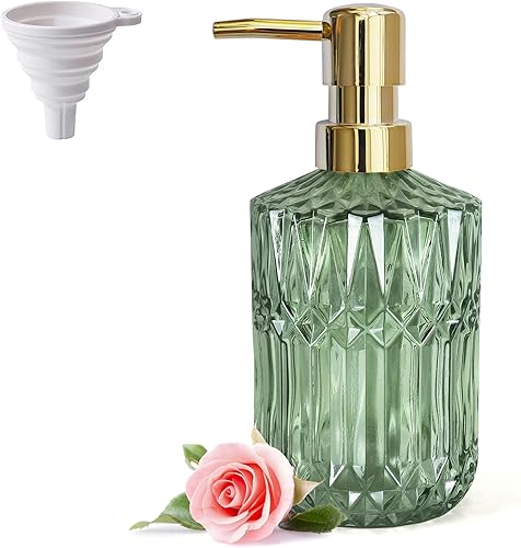 Dispensador de jabón de vidrio verde con bomba dorada a prueba de óxido, dispensador de jabón de cocina de vidrio transparente recargable,