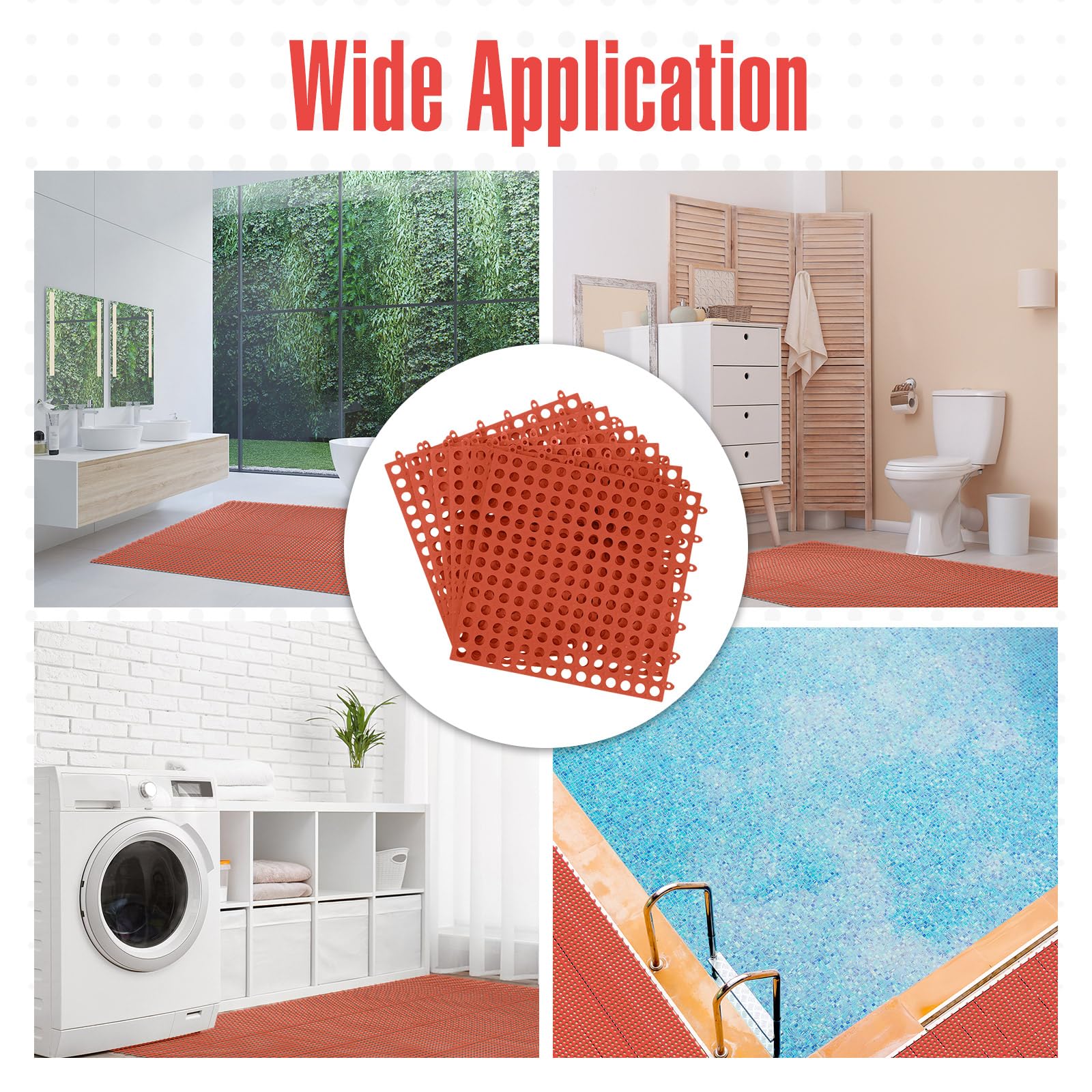 Tinideya 50 Pcs Drainage Mats 11.8'' x 11.8'' Modular Interlocking Floor Drainage Tiles Splicing Pool Floor Mat, Non Slip TPE Soft for Outdoor Deck Greenhouse Shower Bathroom Pool(Orange Red) — Amazon image 7