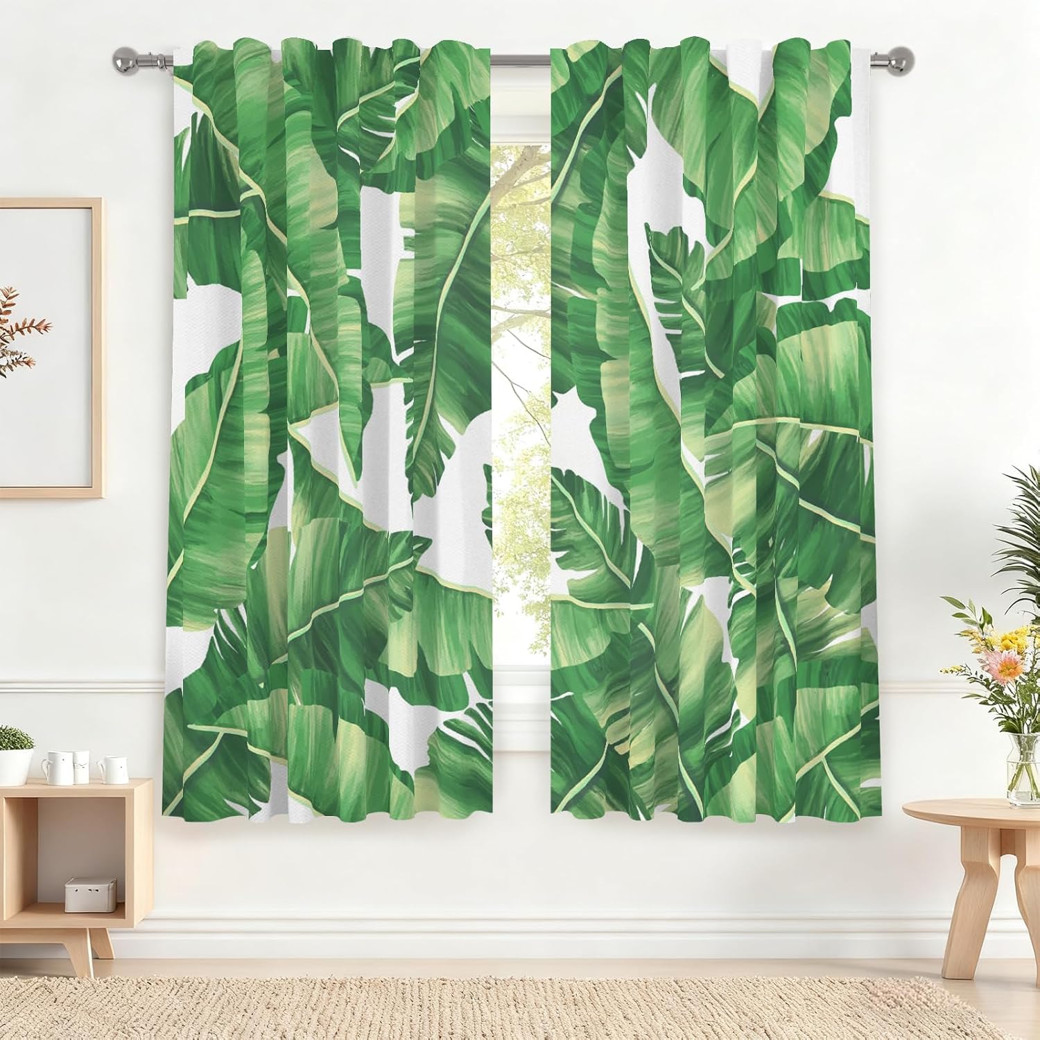 Renaiss 42 x 63 Inch Tropical Leaves Curtains for Living Room Green Palm Plants Banana Leaf Rod Pocket Linen Textured Light Filtering Curtains for Nursery Bedroom Decortive Drapes 2 Panels