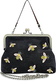 Sleepyville Critters Vintage Canvas Bee Kiss Lock Bag in Black, Purse for Women