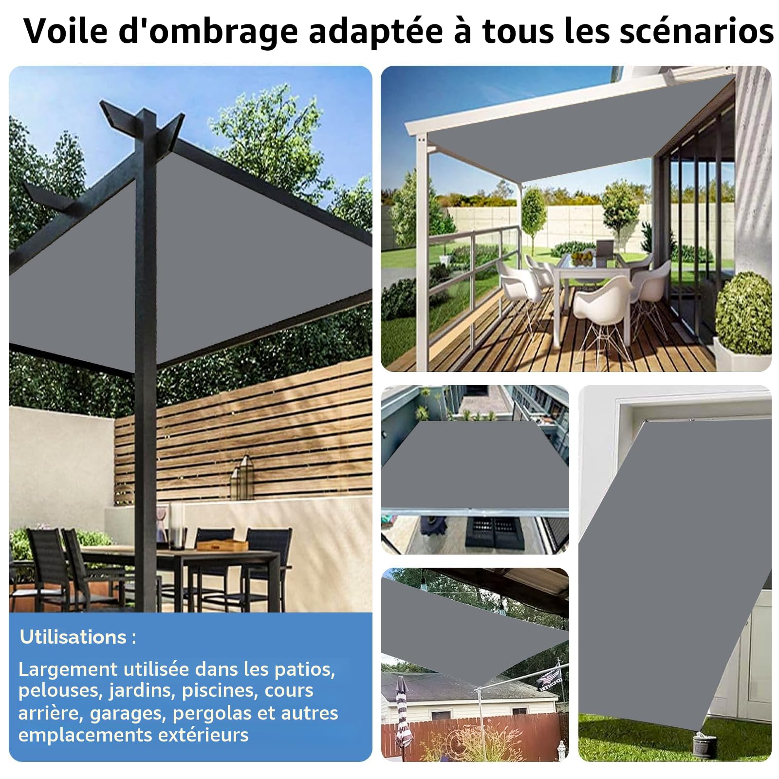 Voiles D'ombrage Imperméable, Voiles Ombrages Rectangulaire avec Oeillets et Cordons, UV Protection Voiles D'ombrage pour Patio Terrasse Jardin Balcon Extérieur, Gris Foncé-3x3m