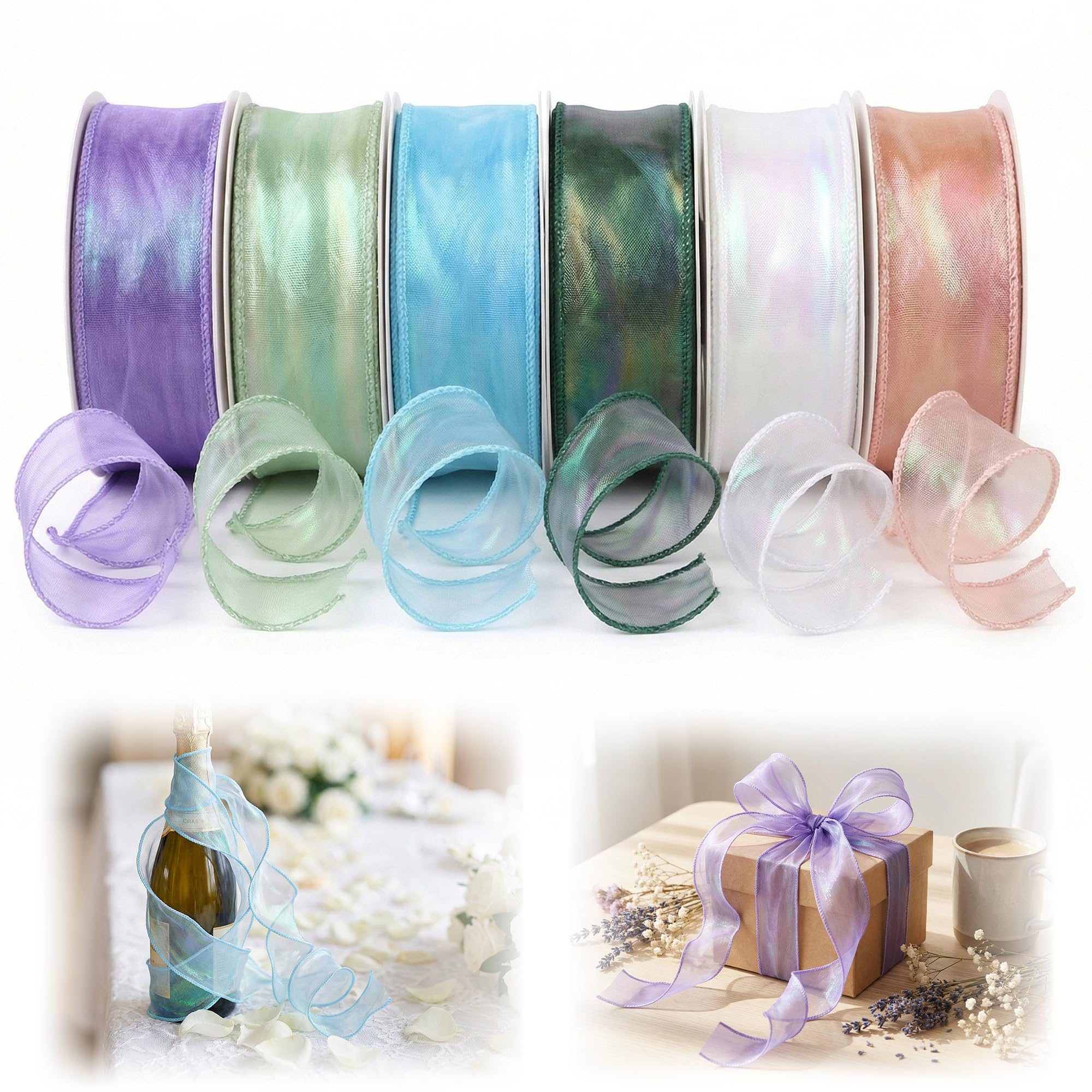 6 Rolls of 40mm Ribbons for Gift Wrapping, 6 Colors Transparent Organza Ribbon for Gift Wrapping, Chiffon Wide Gift Ribbons for Wedding Christmas Invitations Bouquet Crafts Decor