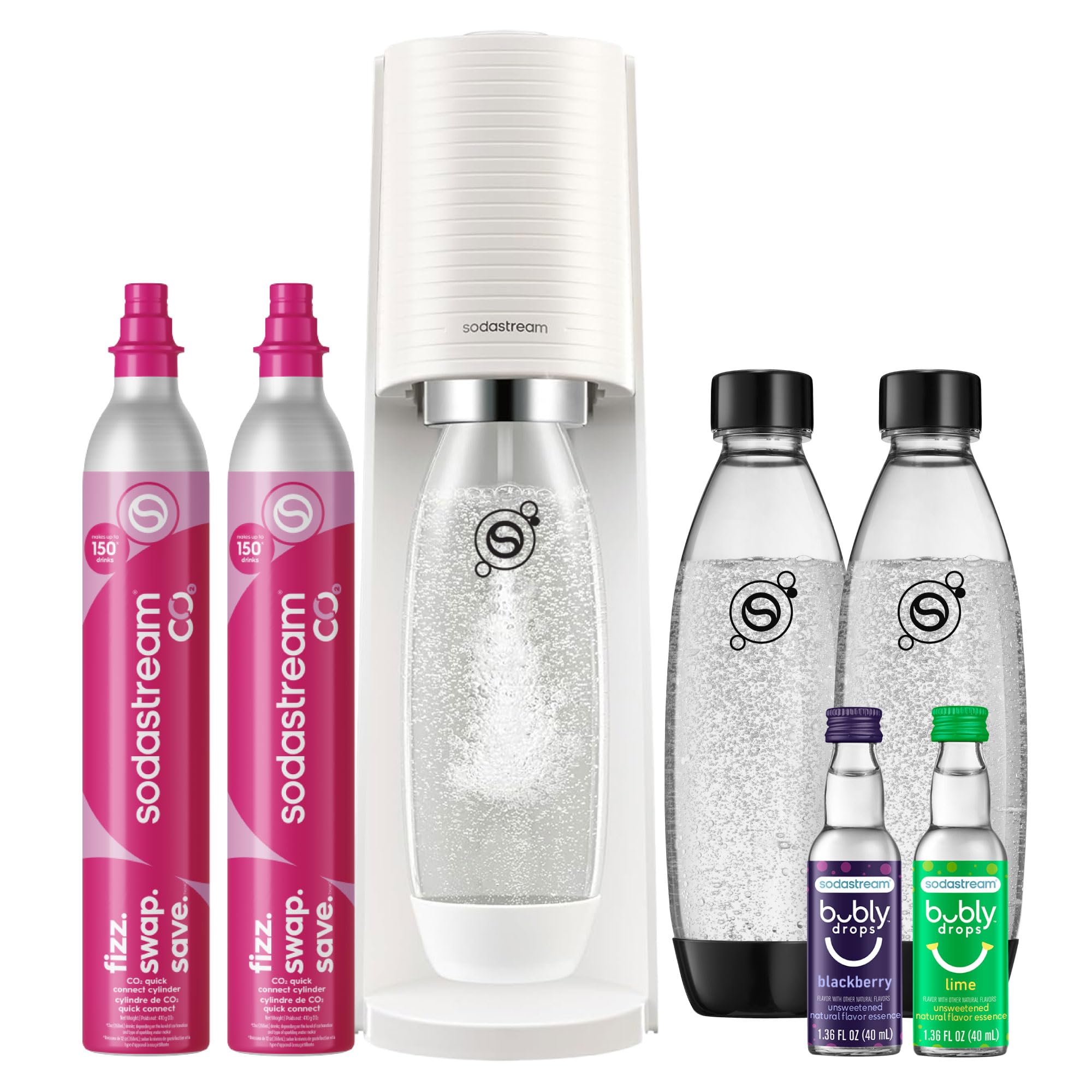 SodaStream TERRA Sparkling Water Maker, Value Bundle, CQC CO2 System, Includes 2 Quick Connect 60L CO2 Cylinders, 3 Dishwasher Safe BPA Free Bottles, 2 bubly Drops, Make your own Pepsi, White