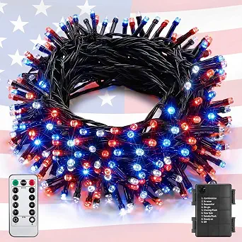 ITICdecor 4th of July Decorations 100 LED Red White and Blue Fairy String Lights, 33Ft Battery Operated Waterproof Patriotic Lights