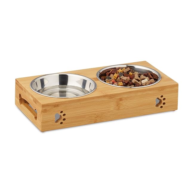 Relaxdays Comedero Perro, Soporte con 2 Cuencos, 300 ml, Acero Inoxidable-Bambú, 1 Ud., 6,5x31,5x15 cm