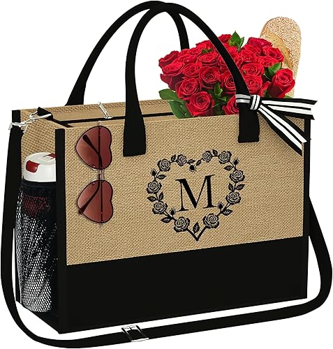 Initial Jute Tote Bag for Women Beach Bag Tote with Zipper Adjustable Strap Bridesmaid Gifts Birthday Gifts for Women