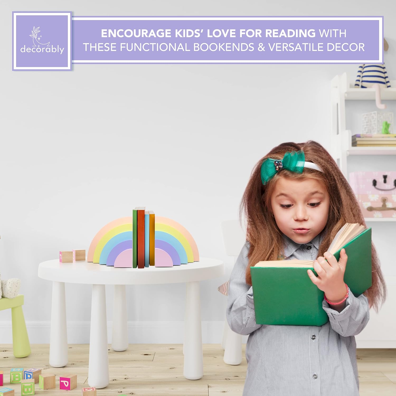 Decorably Pastel Rainbow Bookends for Kids - 1 Set Non-Skid Wooden Decorative for Girls and Boys Room, Baby's Nursery, Classroom Decor