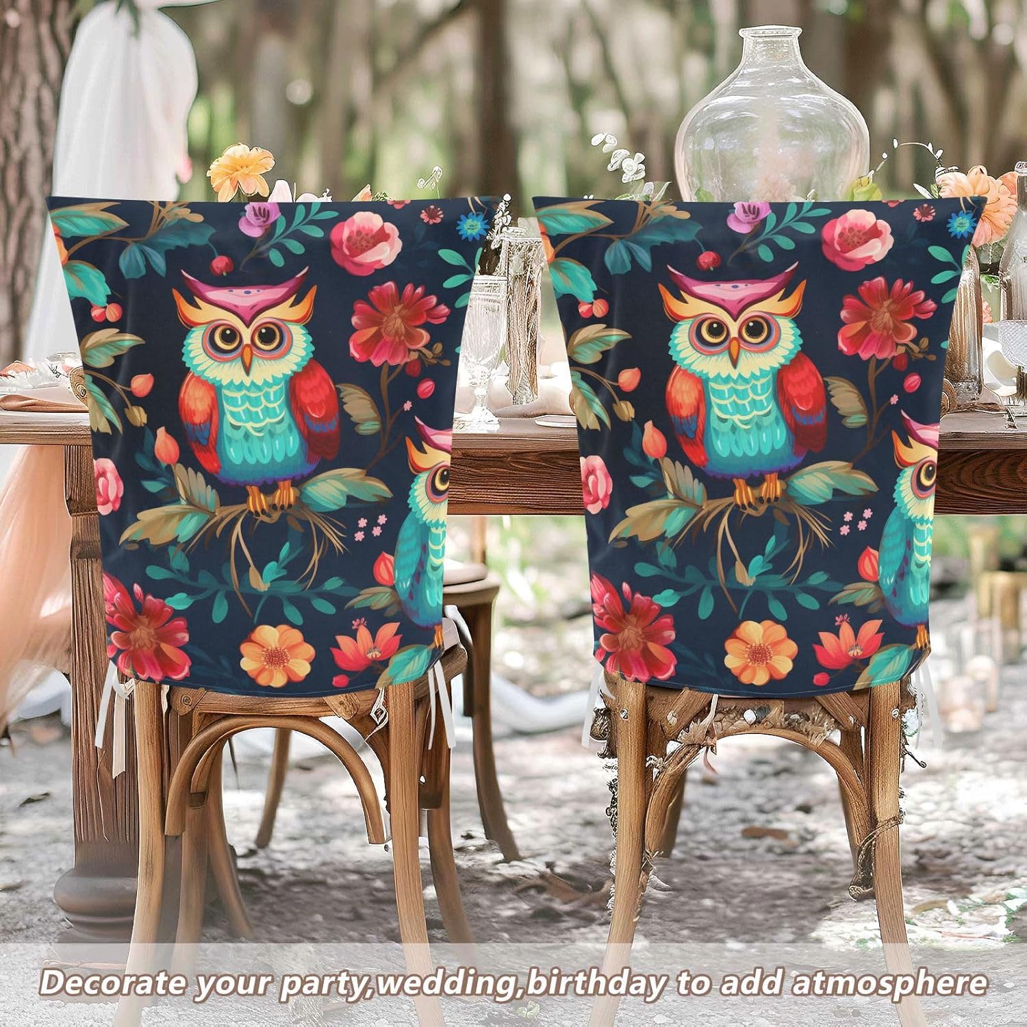 ALAZA Cute Owl Flowers Chair Back Cover Set of 6, Washable Reusable Removable Chair Slipcovers Decorative Chair Cover for Home Kitchen Wedding Party