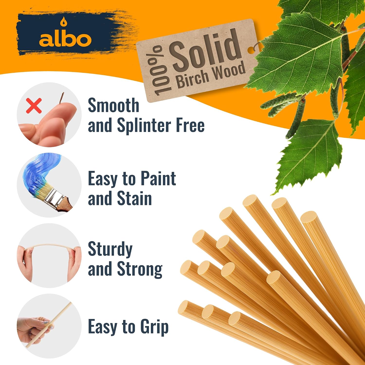ALBO 1/4" x 12" Wooden Dowel Rods – Round Wood Sticks for Crafts, DIY Projects, Woodworking, Furniture Repair, School & Hobby Use, 100PCS