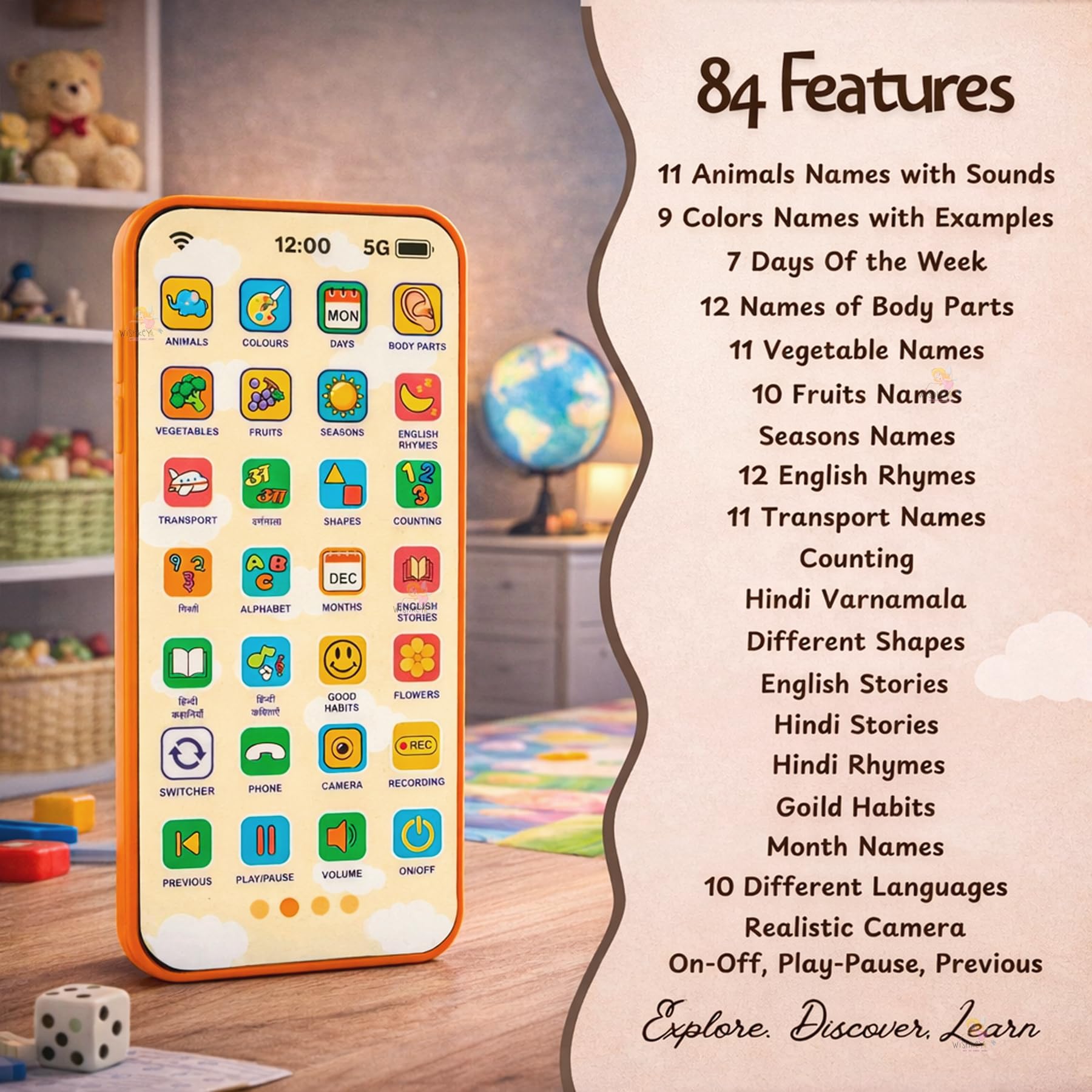 Wishkey Edu Phone for Kids 2.0 Princess Theme 28 Functions 84 Features Rechargeable USB Cable Not Included Toddler Learning Mobile Toy with Multi-Language 10 Indian Languages for Boys Girls Age 2+ 2