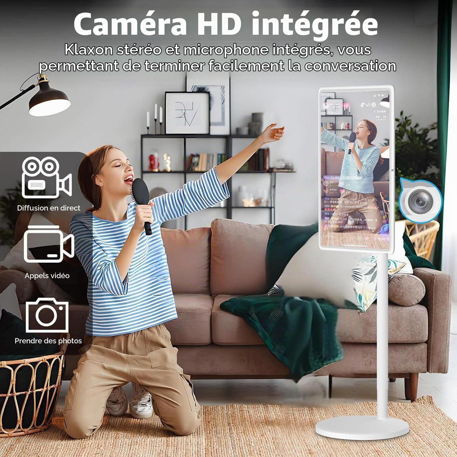 Téléviseur intelligent portable avec écran tactile,résolution 1080p,sur roulettes,pied de sol réglable et rotatif à 360°,batterie intégrée de 8 heures,Système d'exploitation Android 13 21.5in-8G128G