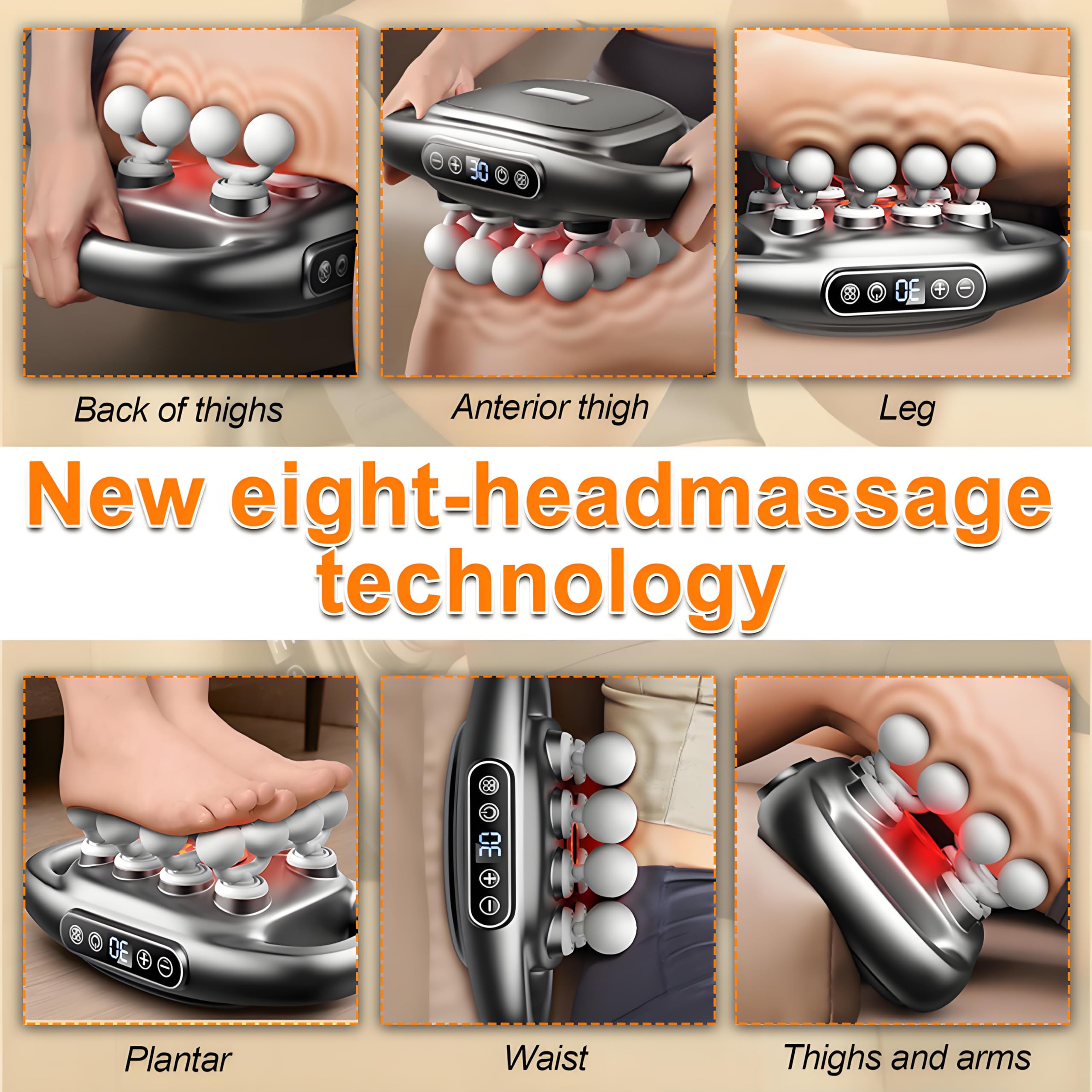 Pistolet de Massage à 16 Têtes, Bekasa Musculaire Massage avec 3 Modes et 30 Vitesses Réglables, Masseur avec Lumière Rouge Pour Soulager Les Douleurs du Dos, Jambes, Bras, Taille, Fesses