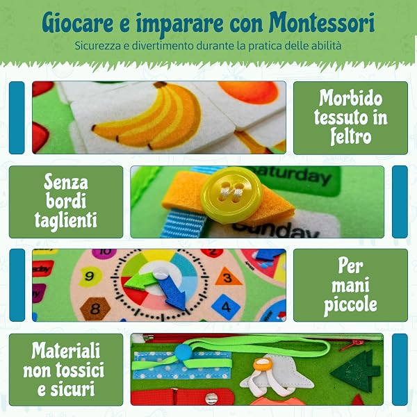 Busy Board Montessori 1 Anno con Libro sensoriale Incluso – Set educativo 2 in 1 per Neonati e Bambini Fino a 3 Anni – Giochi Montessori – Libri in Stoffa - 5