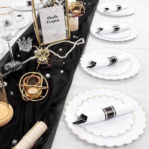 Vista 73 de Supernal Paquete de 60 servilletas preenrolladas con cubiertos de plástico dorado, juego de cubiertos desechables de primera calidad envueltos en Oro