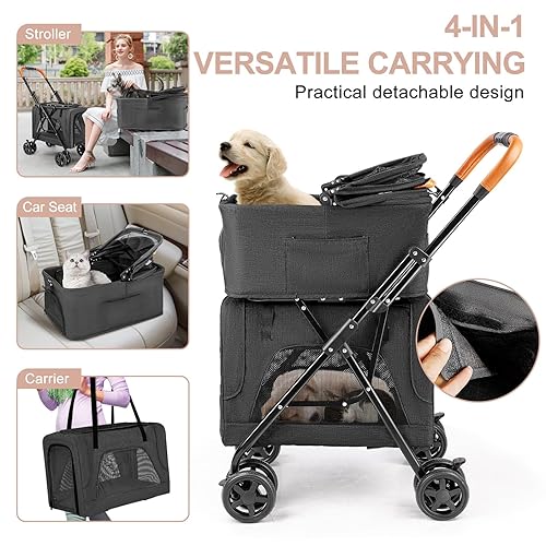 Miniatura 2 de Cochecito doble para mascotas con transportador desmontable para perros y gatos medianos y pequeños, carrito de viaje ligero para perros con toldo