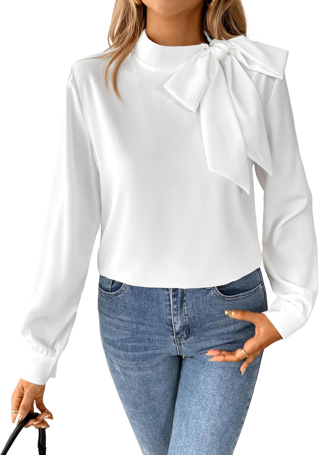 SOFIA'S CHOICE Women's Bow Tie Neck Corporate Outfits Long Sleeve Dressy Blouse Casual Business Shirt Top