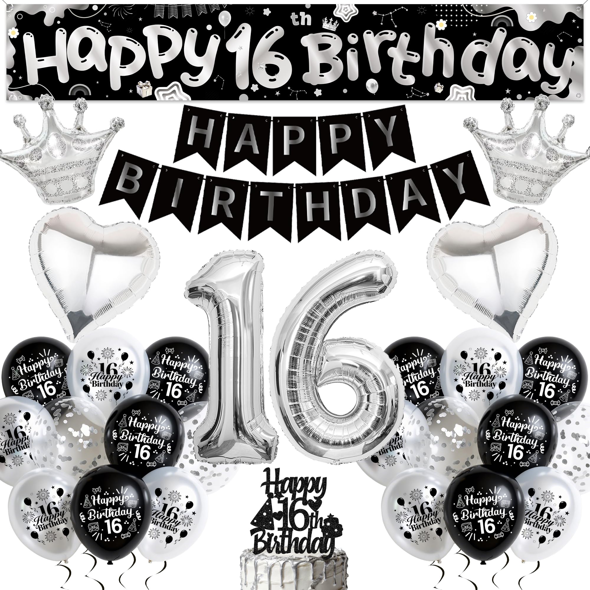 16th Birthday Decorations Balloon Set - Black Silver Happy Birthday Banners Kit with Cake Topper, Number 16 Balloon and Yard Banner for Boys Girls 16 Years Old Birthday Party Supplies — image 1