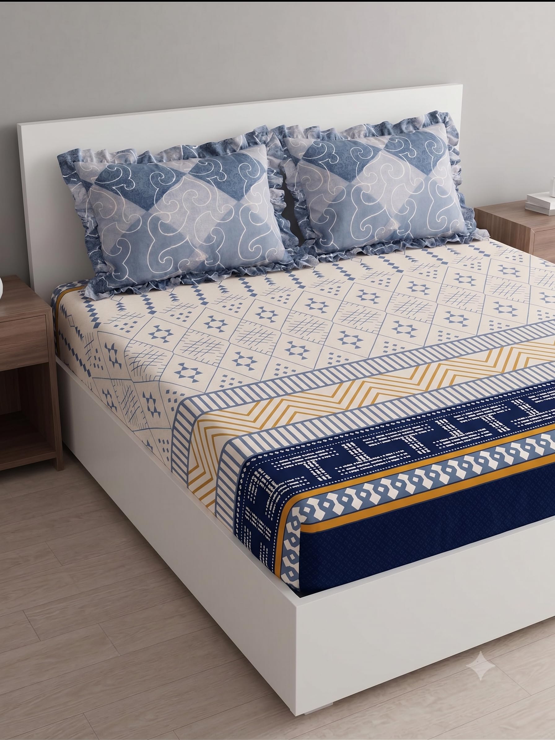 DECOMIZER 300 TC Soft Cotton Feel Microfiber All Around Elastic Fitted Super King Bedsheet with 2 Frill Pillow Covers King Size (72x78) Fits Upto 12 inches Mattress | Blue T