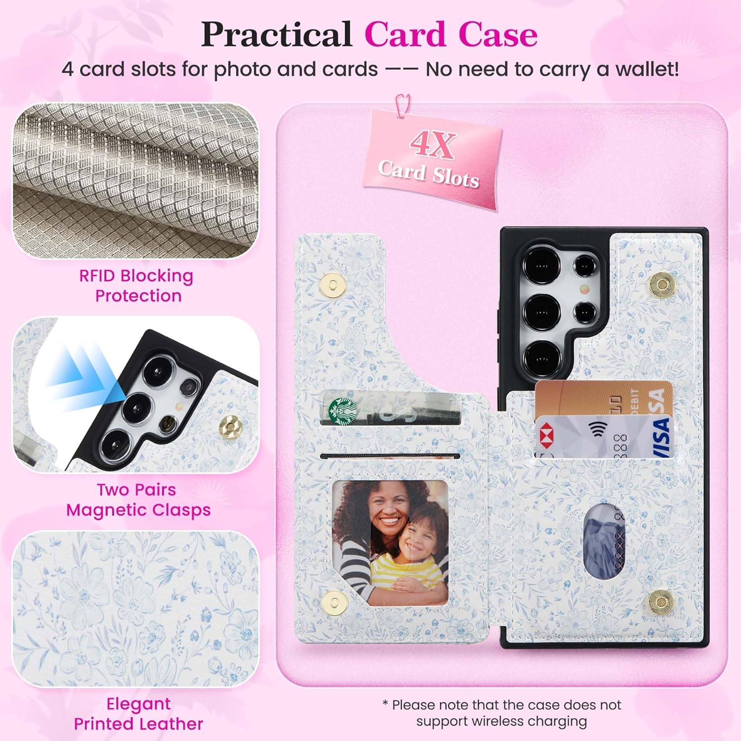 ZCDAYE for Samsung Galaxy S25 Ultra Wallet Case with Card Holders,PU Leather Double Magnetic Clasp Kickstand Trendy Girly Women Case for Samsung Galaxy S25 Ultra,Blue Flowers - Image 3