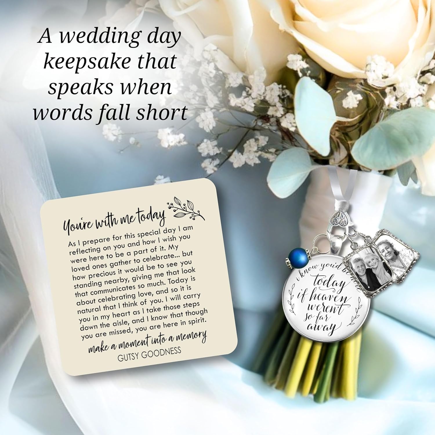 Gutsy Goodness Memorial Wedding Bouquet Charm I Know You'd Be Here Today If Heaven Silvertone Bridal Pendant Jewelry Photo Frame - Image 2