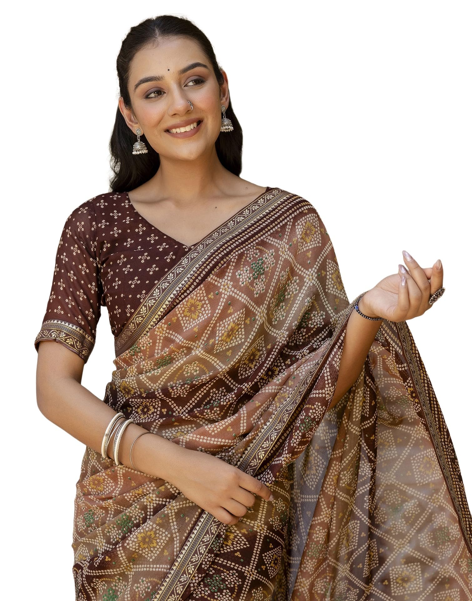 SIRILWomen's Georgette Bandhani Printed Saree With Unstitched Blouse Piece