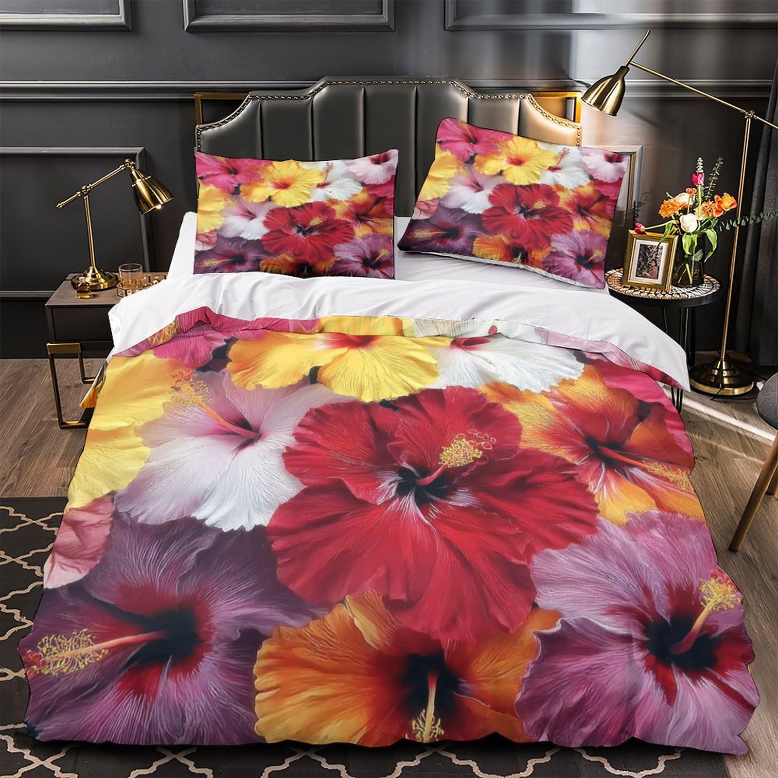 Housse de couette hibiscus microfibre anti-décoloration lit double motifs 3D