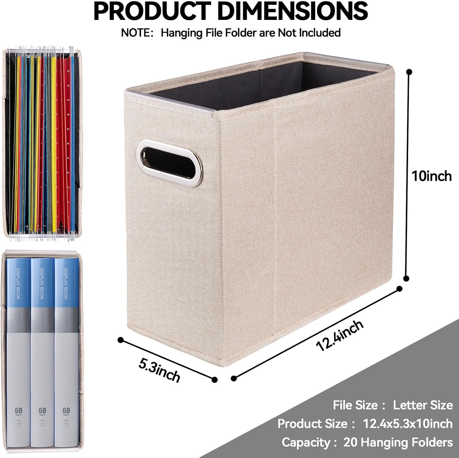 2 packs letter size file organizer, file folders organizer, fabric storage box, collapsible paper organizer with metal handle, smooth pvc rails, only box (beige) 2 pack beige