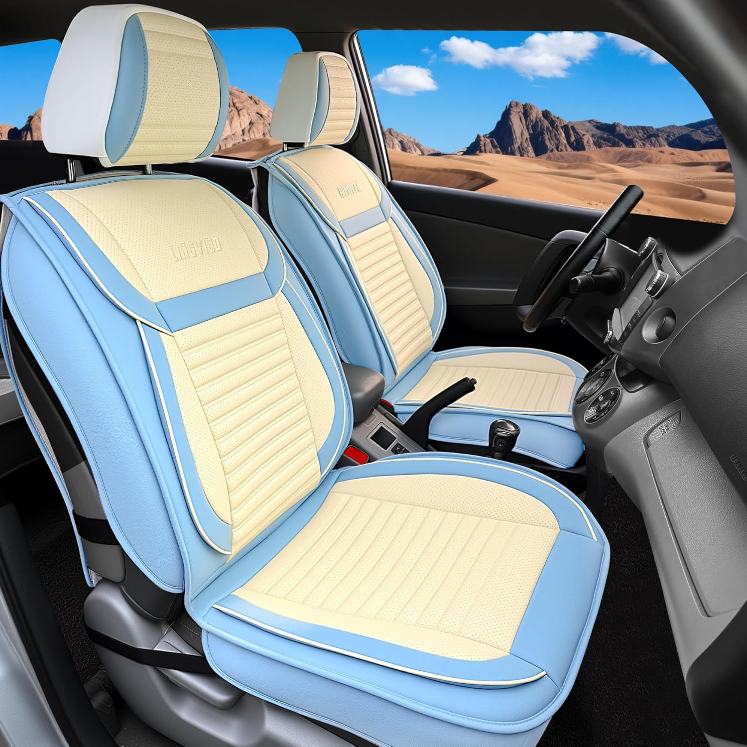 LINGVIDO Car Seat Covers - Breathable Waterproof Faux Leather, Front Seat (White & Light Blue)