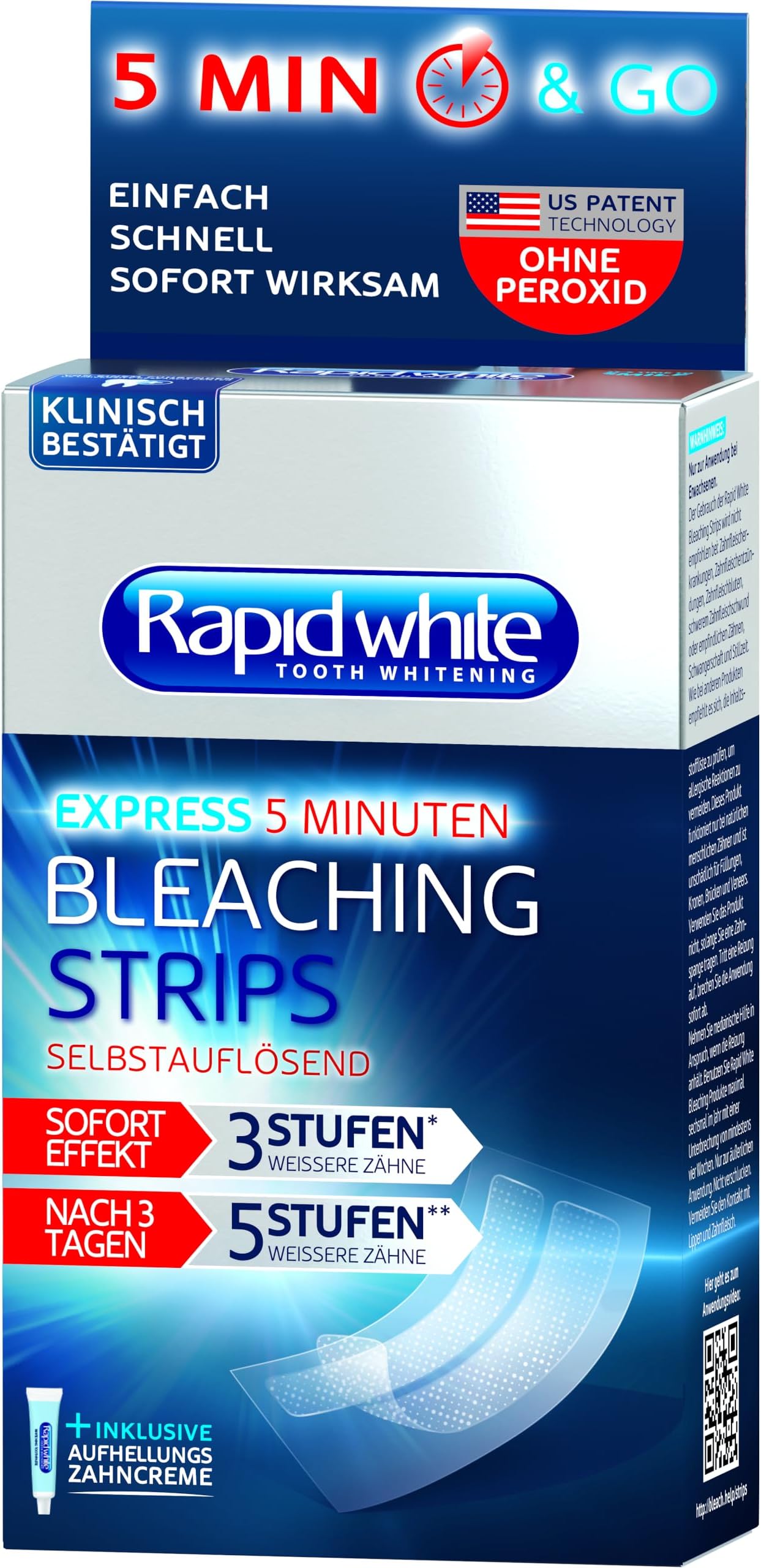 Rapid White Bleaching Strips, Pack of 1 (6 Sachets), for Whiter Teeth in 3 Days, Visible Teeth Whitening for Home, Teeth Bleaching without Hydrogen Peroxide