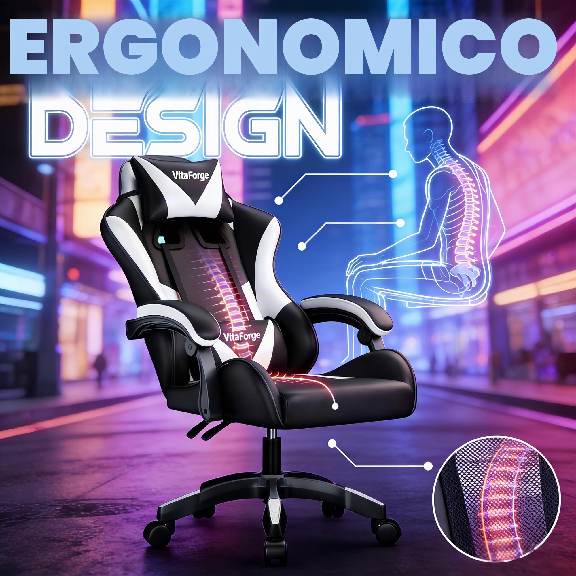 Sedia da Gaming, Sedia per Computer Ergonomica a Schienale Alto Stile Racing con Poggiatesta e Supporto Lombare Regolabili, Girevole in Pelle PU per Adulti, Nero/Bianco