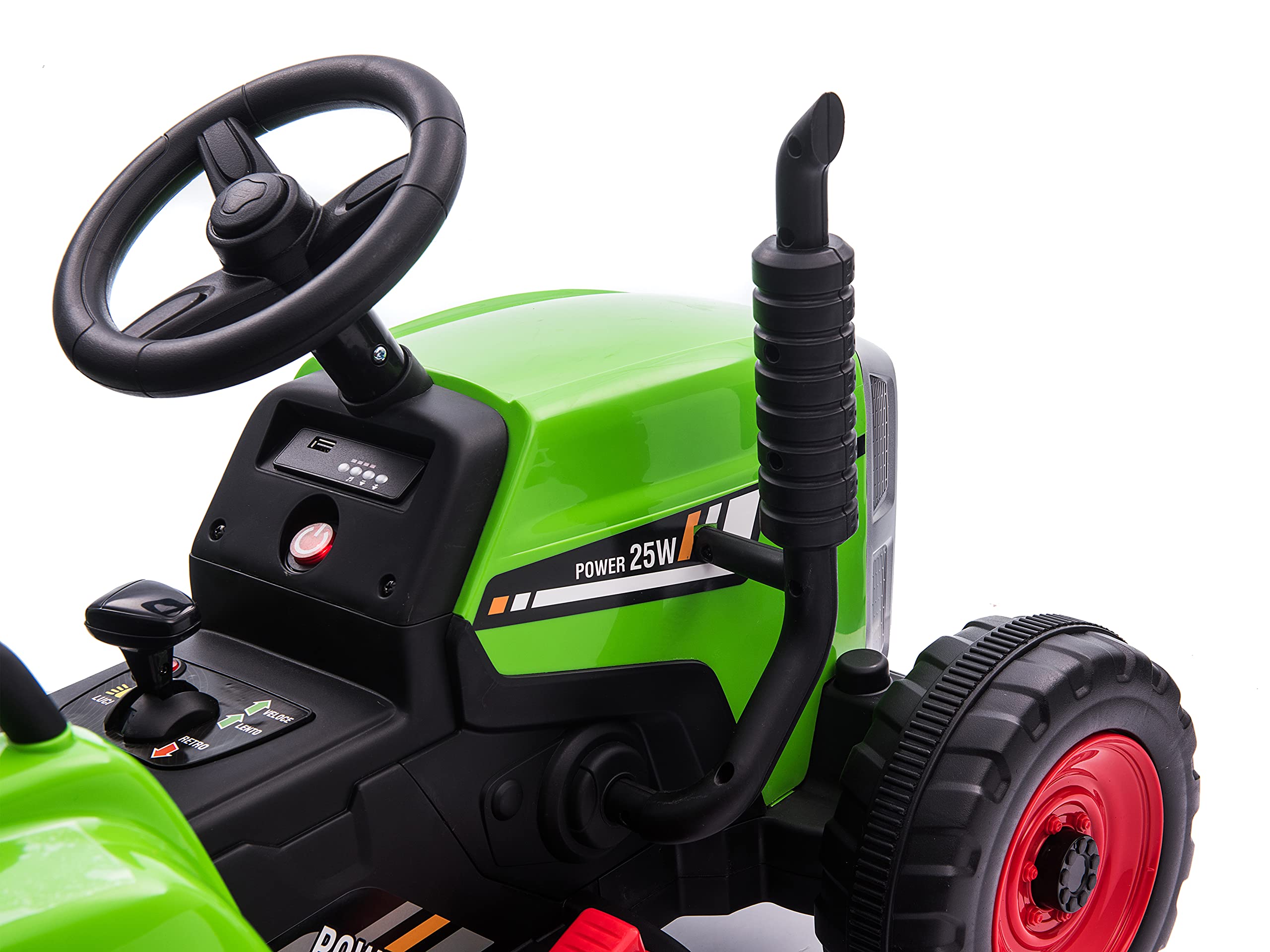 Teorema Giocattoli Teorema 66692 elektryczny traktor, 12 V, do siedzenia, dla dzieci, ze światłem, dźwiękiem, przyczepą, odtwarzaczem MP3, wejściem AUX, USB i pilotem zdalnego sterowania