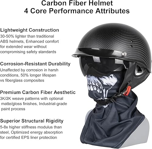 Miniatura 5 de Medio casco de motocicleta de fibra de carbono para adultos, hombres y mujeres, cascos retro de cara abierta aprobados por DOT con visera, diseño