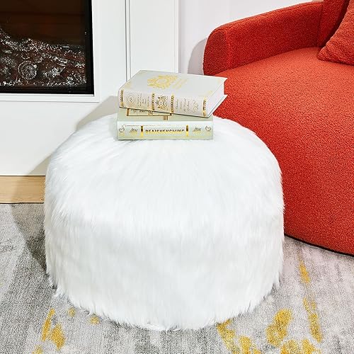 Miniatura 2 de Peryiter Funda de puf otomano de piel sintética blanca de 20 x 20 x 12 pulgadas, taburete otomano redondo sin relleno, funda mullida para