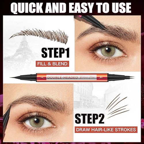 Miniatura 4 de Bolígrafo de doble cabeza para cejas, punta de doble cepillo ultra precisa, trazos similares al cabello de larga duración, disponible en 5 tonos