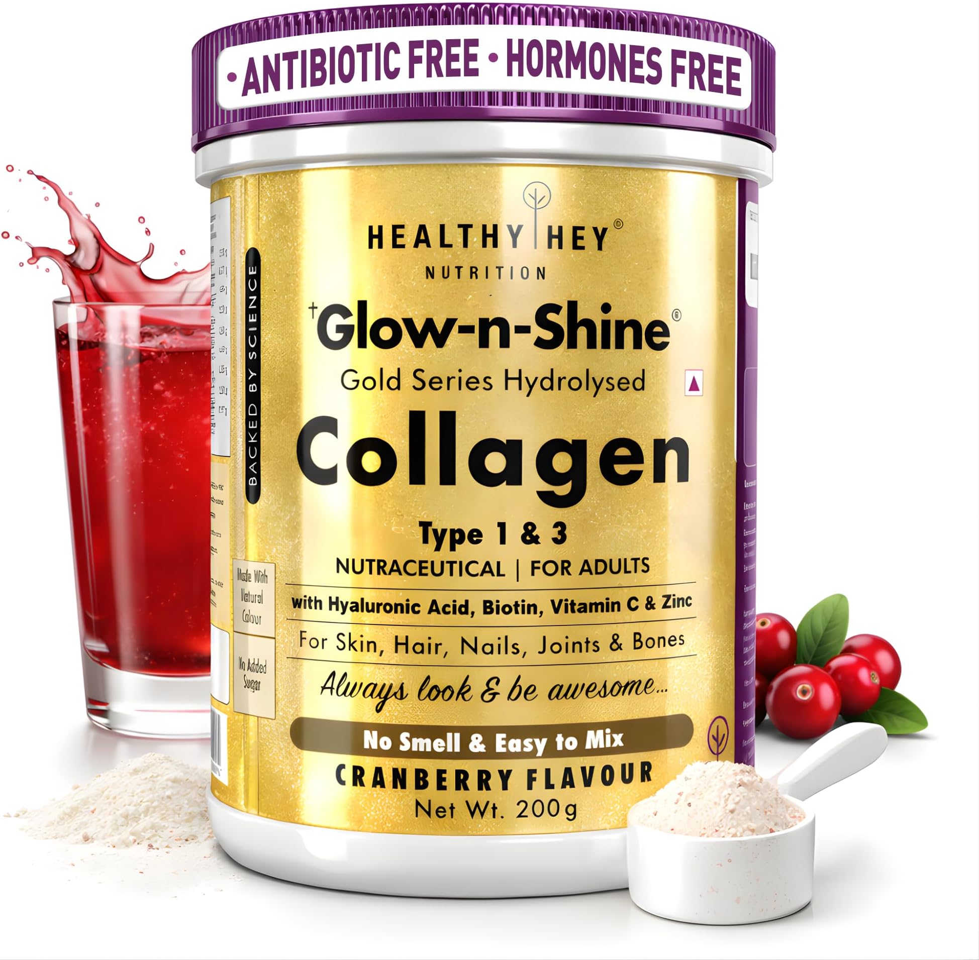 HealthyHey Nutrition Collagen Gold Series with Hyaluronic Acid, Biotin & Vitamin C - No Smell - Easy to Mix - No Added Sugar - For Skin, Hair & Nails (Cranberry, 200gm)