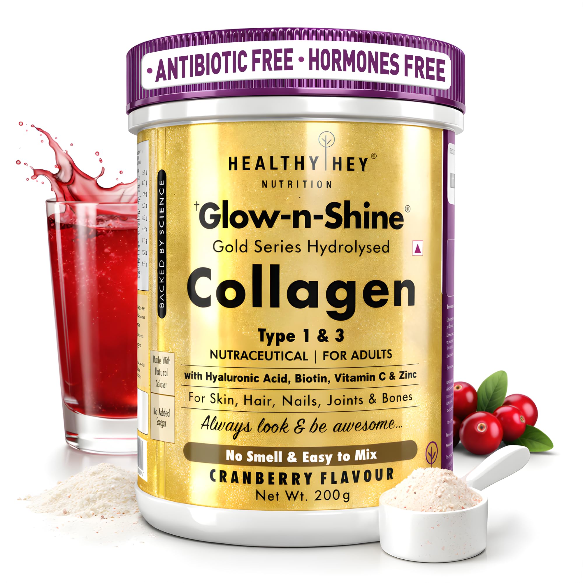 HealthyHey Skin Glow-n-Shine® Collagen Powder 200g | Hydrolysed Collagen for Women and Men with Hyaluronic Acid, Biotin and Vitamin C for Healthy Skin, Hair and Nails - (Cranberry, 200gm)