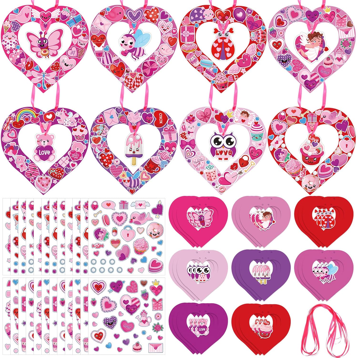 DoubleFill 24 Sets Valentine's Day Crafts Kit Make Your Own Heart Wreath Ornaments Valentines DIY Card Cute Stickers Bulk Valentine Craft Hanging Decor for Home Classroom Art Activity Gift Exchange