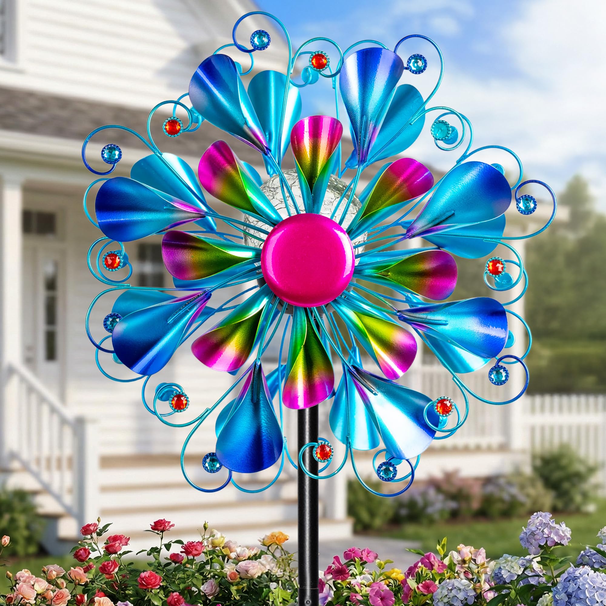 Photo 1 of 60'' Wind Spinner with Color Glass Ball Solar Lights, Blue Peacock Feathers Metal Garden Outdoor Decor Yard Lawn Art Decor for Patio Kinetic Windmills Unique Gifts for Friends and Family
