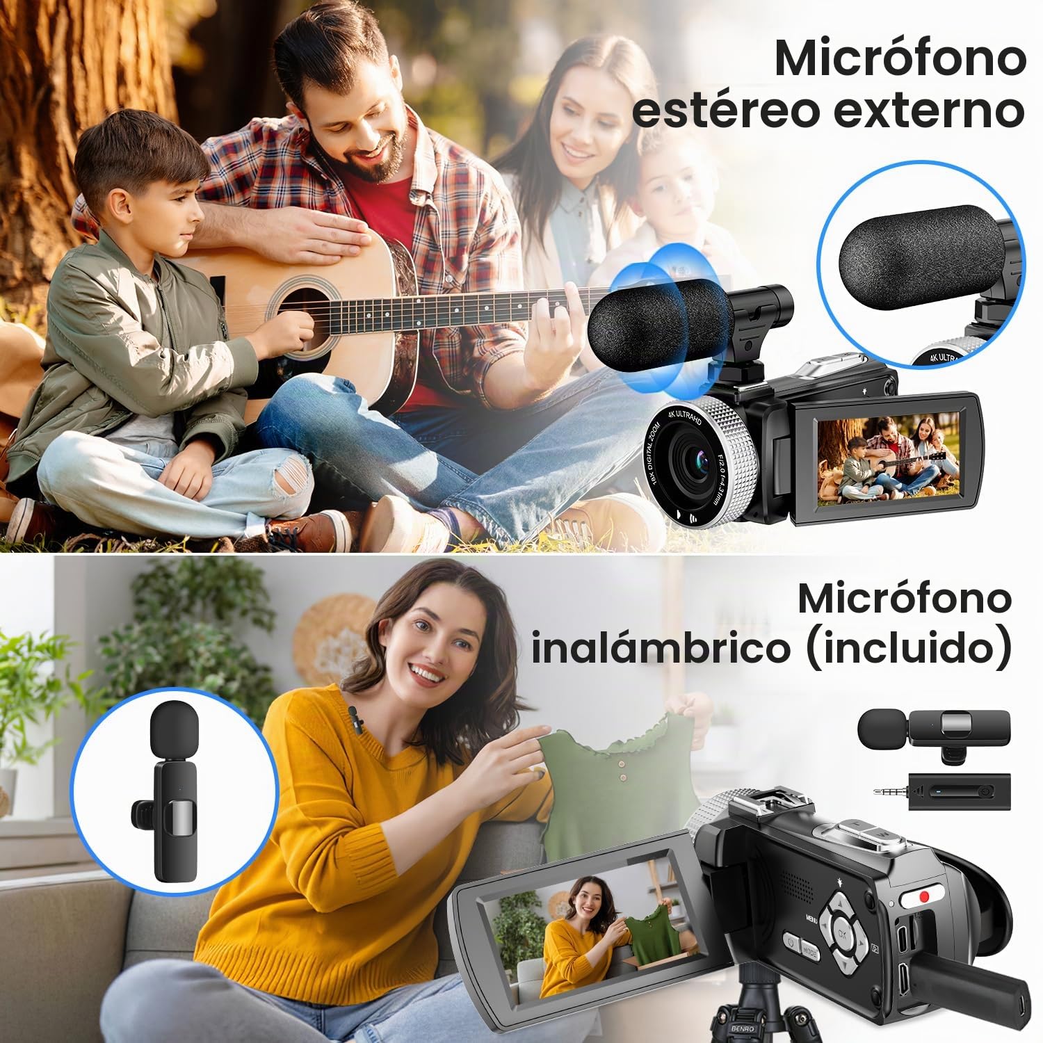 4K Video Camera 48MP Photo/4K 60FPS Video Recorder, Videocámara Digital para Youtube Vlogging con micrófono inalámbrico/Tarjeta SD/2 baterías/Control Remoto