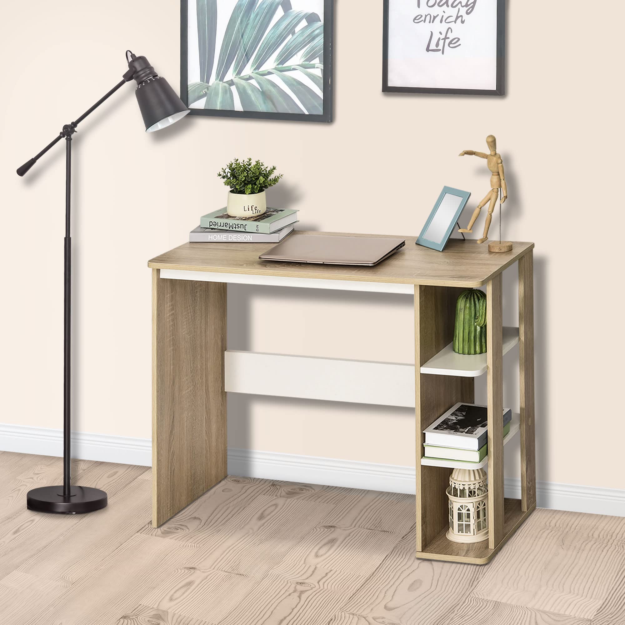 HOMCOM Scrivania per Computer con Scaffale 100x44x74cm Bianco e Quercia | Moderna, 3 Ripiani, Scrivania Moderna da Ufficio e Camera in Legno