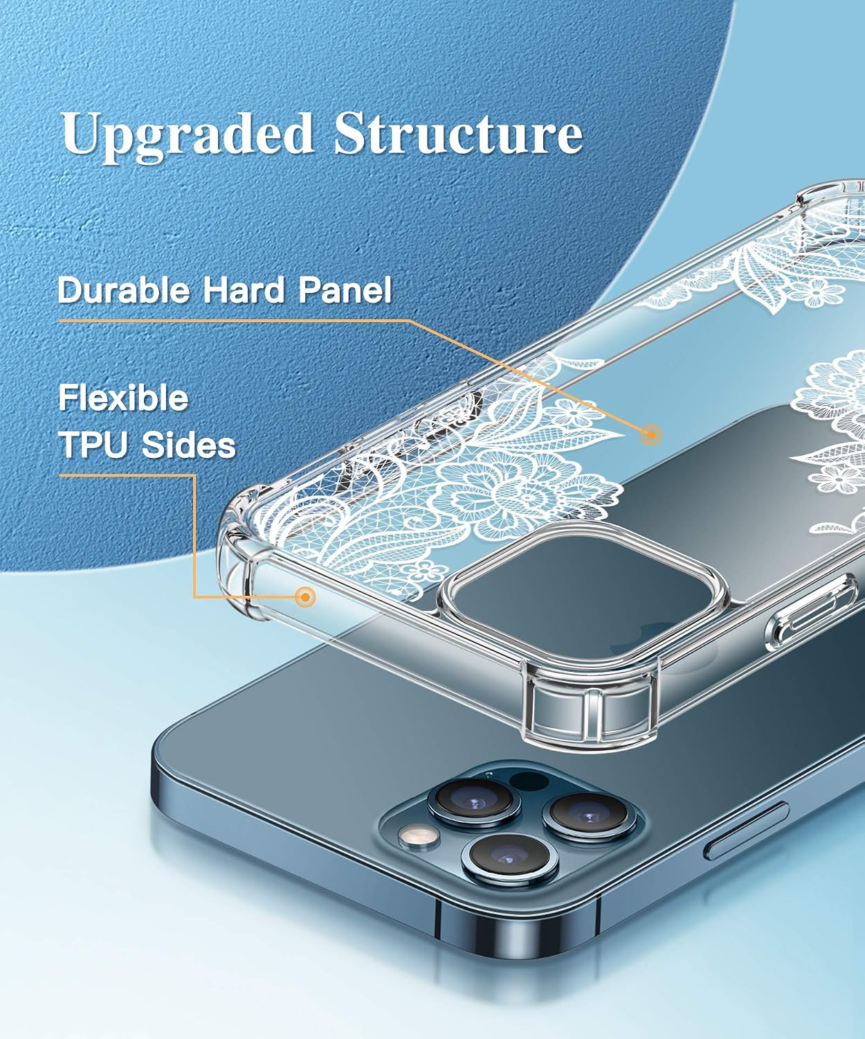 GVIEWIN Compatible with iPhone 12 Case and iPhone 12 Pro Case 6.1 Inch, Crystal Lace Flower Design, TPU Shockproof Bumper Protective Phone Case Cover for Women Girls (Marigold)