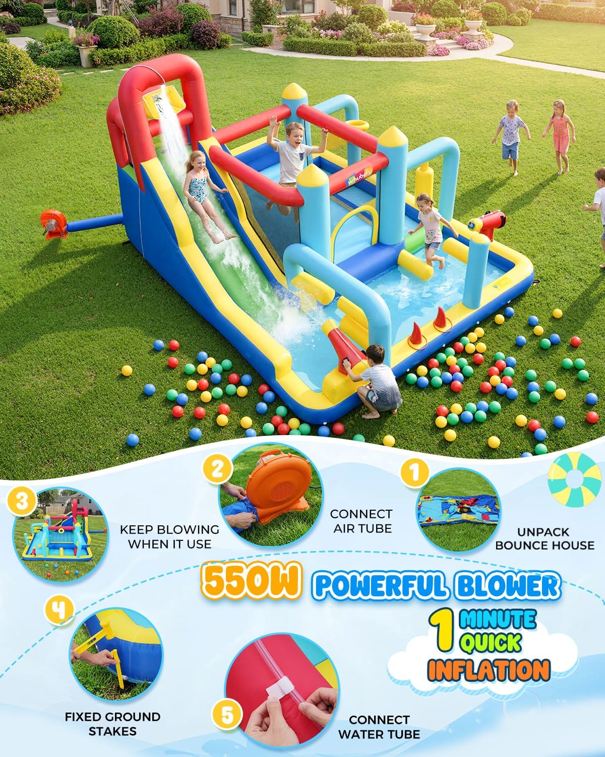 Whubefy Inflatable Water Slide Water Park, 13.3 × 11 ft Blow Up Water Slide with Obstacle Course/Long Slide/Cannon/Jump Area / 550W Blower, 13-in-1 Water Slide for Kids Backyard Summer Fun