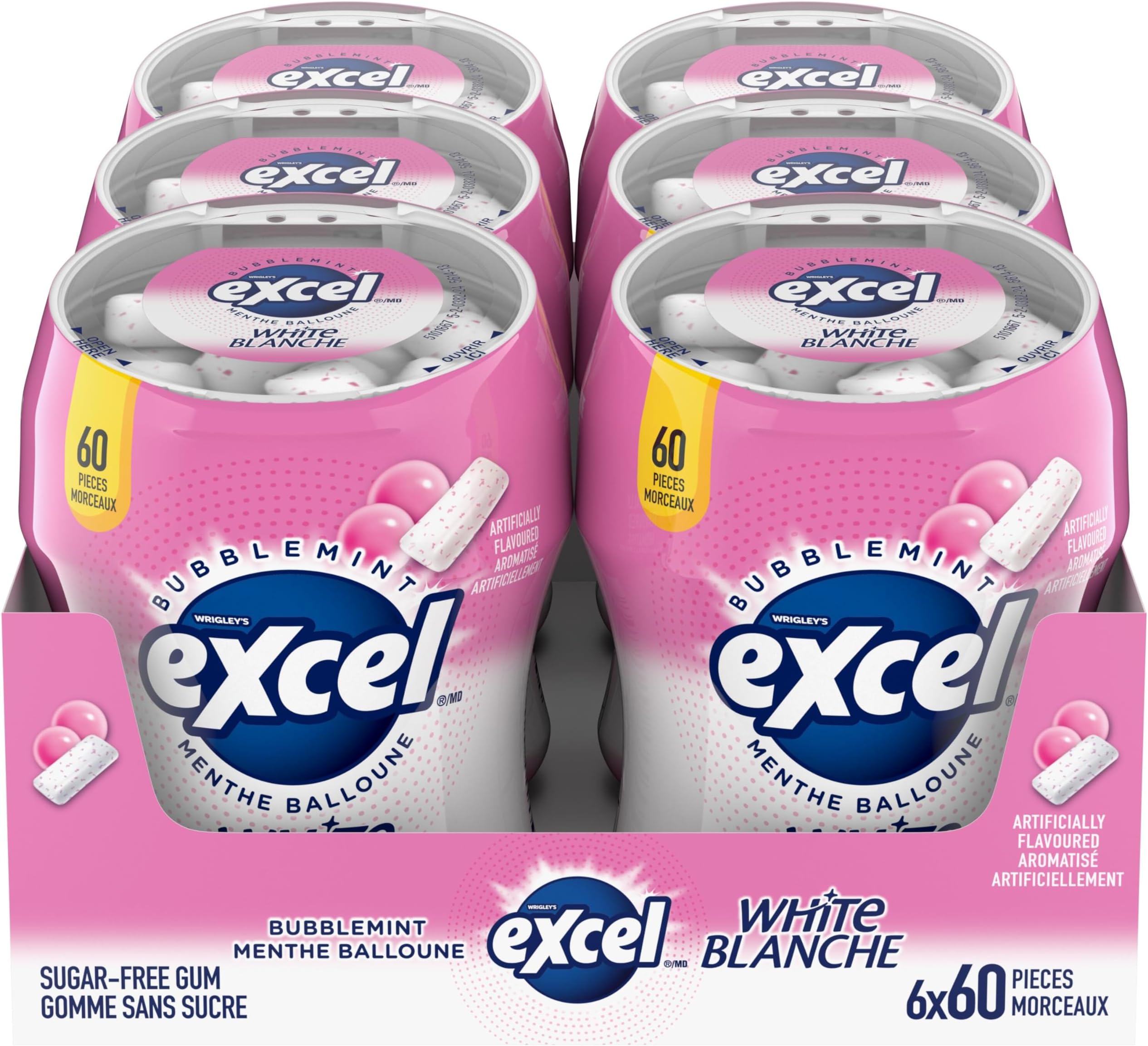 Excel White Sugar-Free Gum,Bubblemint, 60pc Bottle,6ct{Imported from Canada}