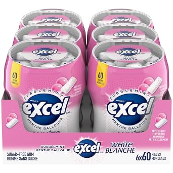 Excel White Sugar-Free Gum,Bubblemint, 60pc Bottle,6ct{Imported from Canada}
