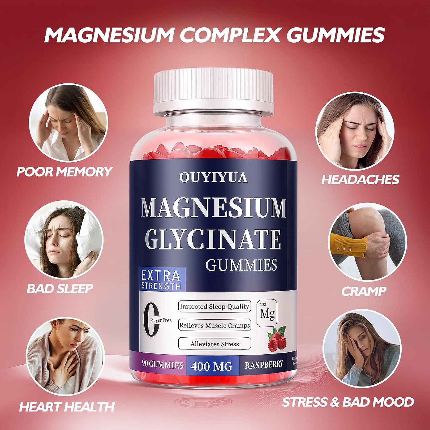 Magnesium Glycinate 400mg Gummies, Sugar Free Magnesium Gummies with Vitamins D, B6 for Sleep Support, Stress and Muscle Relief for Men and Women (2 Pack)