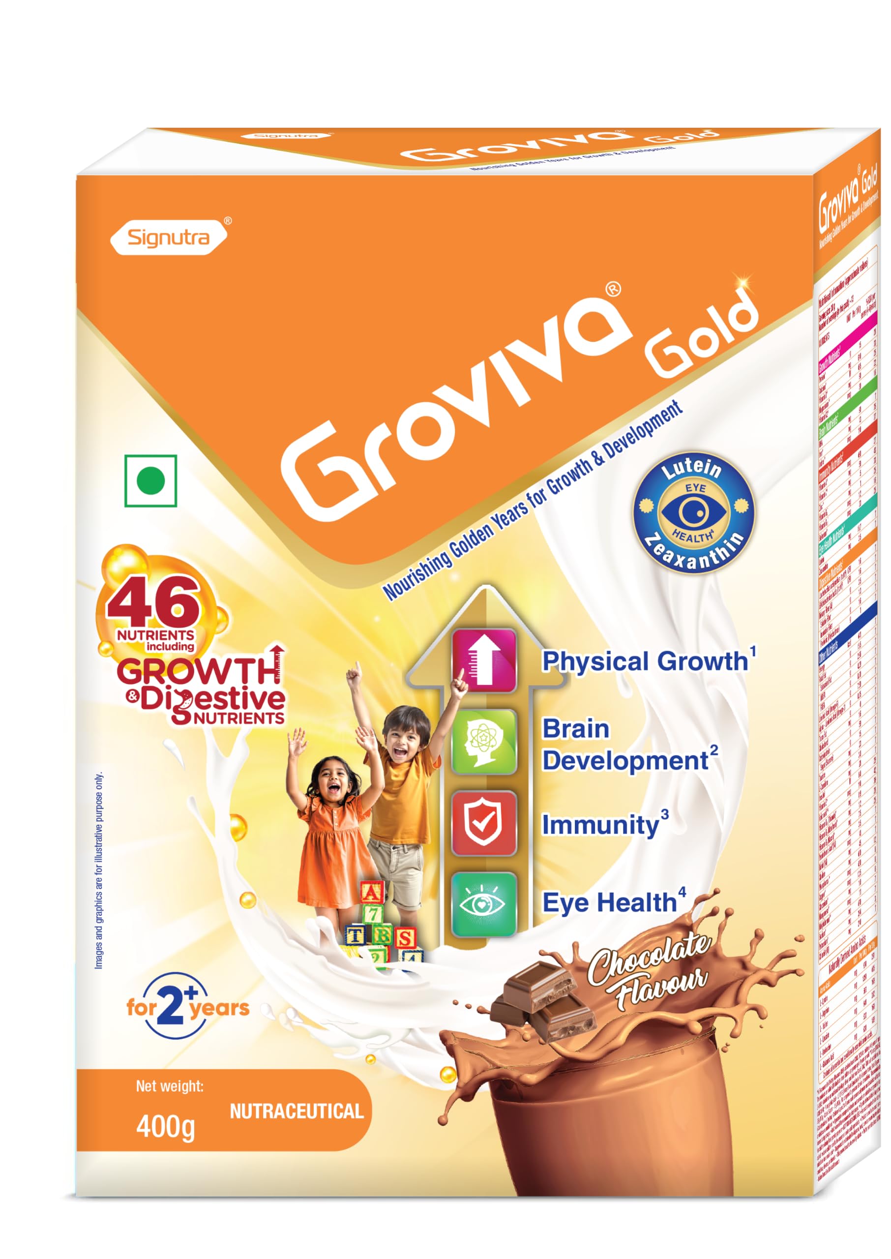 Groviva Gold 400g Chocolate Flavour in BIB Pack | Milk Protein Powder for Kids | 2-6 Years | 46 Nutrients | Growth & Digestive Nutrients | Supports Physical Growth, Brain Development, Immunity & Eye Health