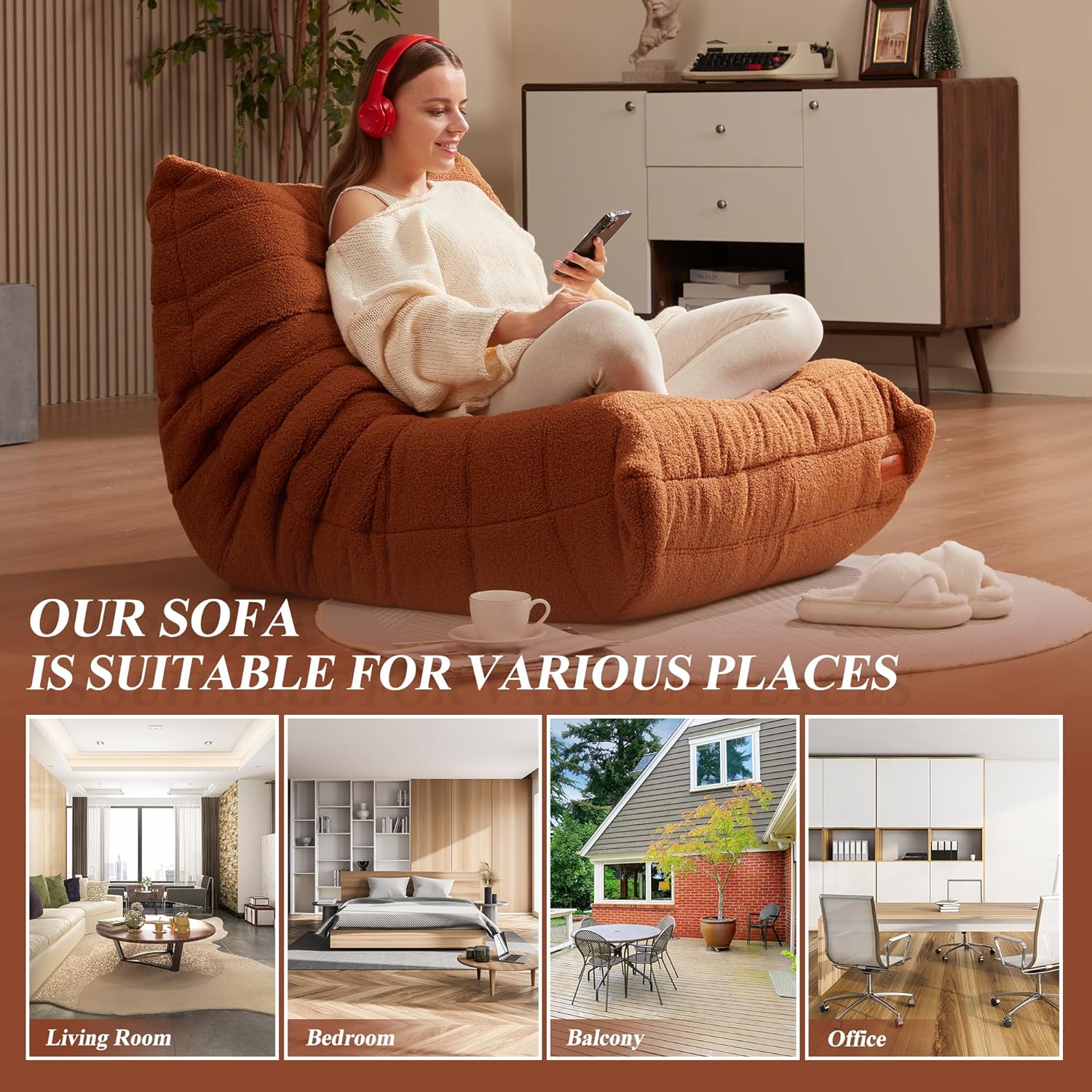 Bean Bag Chair Big Sofa Beanbag Chair for Adults Fireside Chair Bean Bag Lounger with Memory Foam Filled for Home,Apartment or Gaming Venue(Brown Teddy)