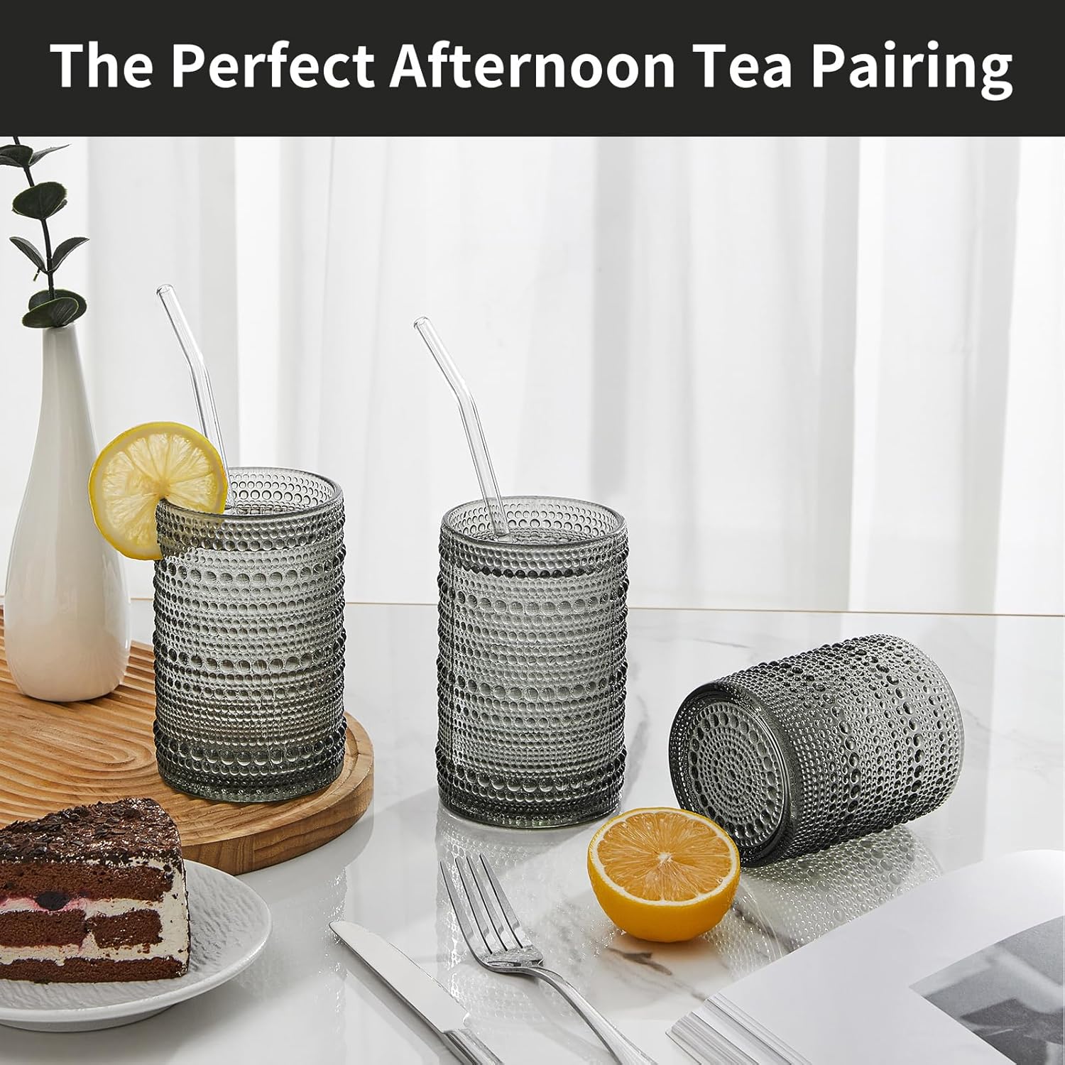 Vintage Hobnail Drinking Glasses Set of 12, 15oz Textured Tumblers - Embossed Grey Bar Glasses for Cocktails, Beer, Whiskey, Dishwasher-Safe Highball Cups for Kitchen, Juice & Mixed Drinks - Image 3