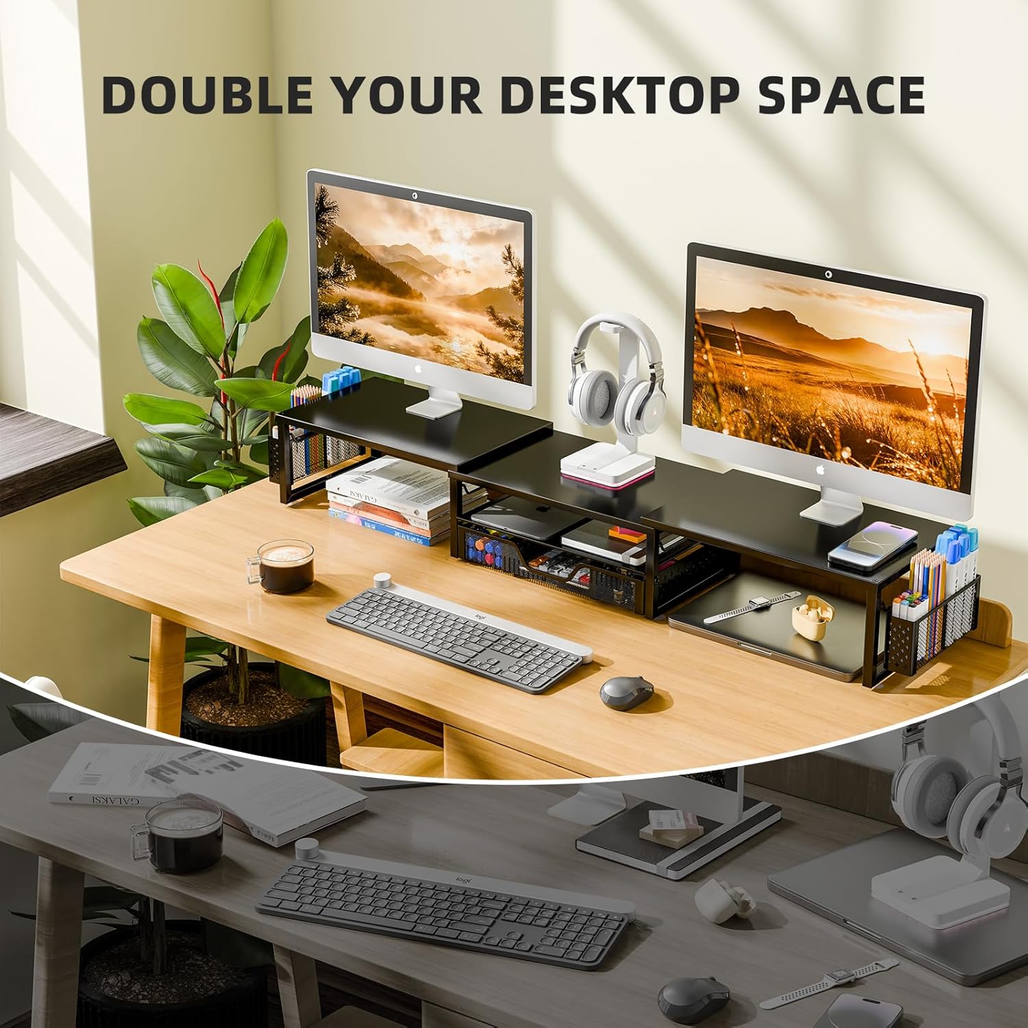 Simple Trending Desk Organizers and Accessories, Dual Monitor Stand Riser with Drawer and 2 Pen Holder, Shelf for Top of Desk, Black