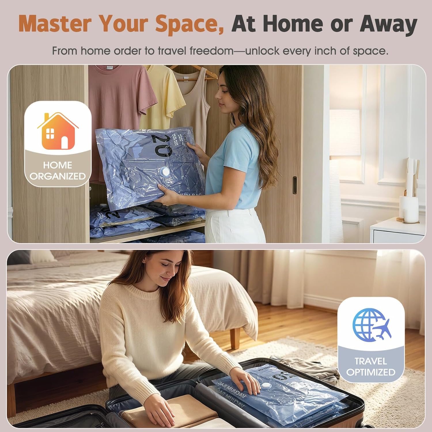 QcoQce Wireless Vacuum Storage Bags with Pump, 17-Pack (3 L/6 M/6 S/2 Bonus),Space Saving Bags for Travel, Moving & Home Organization,Compression Packing Cubes for Suitcase, Closet & Cruise Must Haves